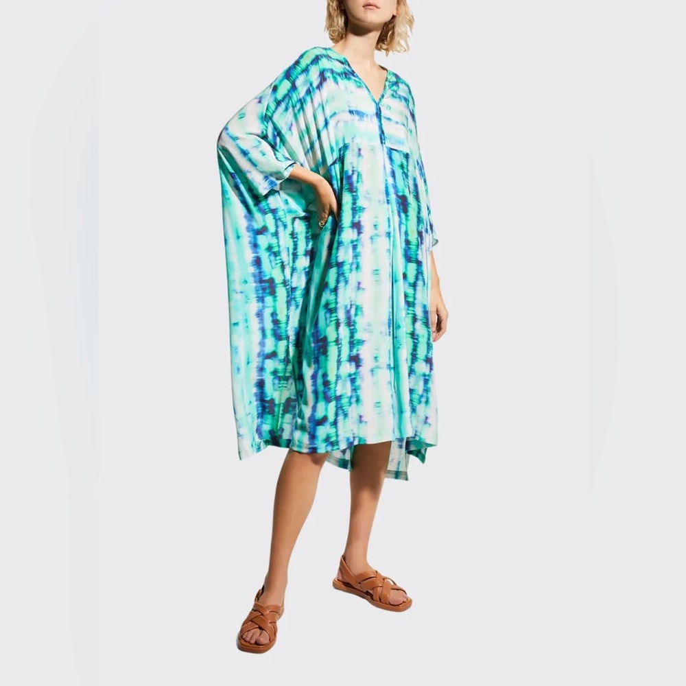 Ocean+Main Kaftan Dress Silk Tie-Dye Women Sz Large / XL Blue Green White Beachy